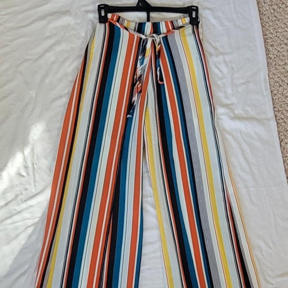LEYVAS Wrap Party  Pants Wide Leg Stripes Colorful